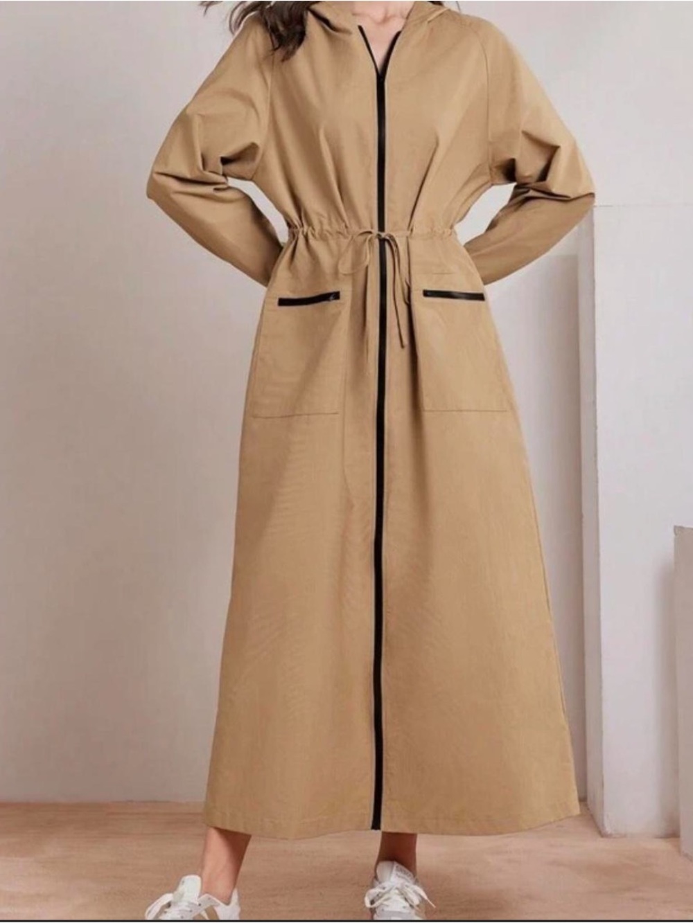 SHEIN Tan Maxi Zip-Front Drawstring Waist Dress with Black Trim